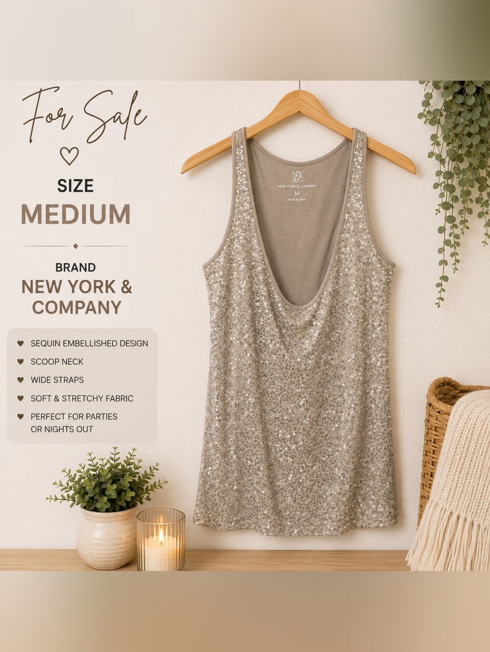 New York & Company Taupe Sequin Scoop Neck Tank